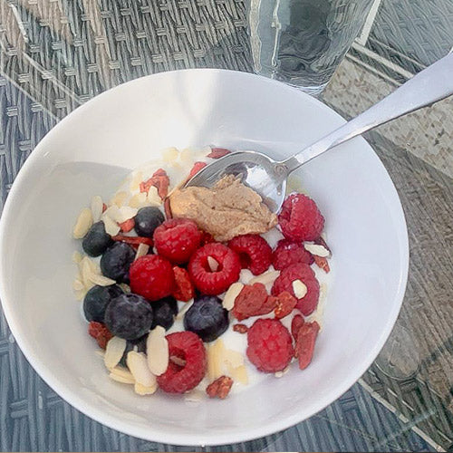 Fruit, almonds, peanut butter, greek yoghurt