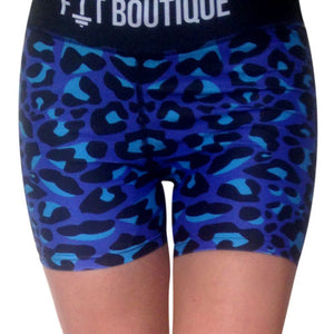 Blue animal print fitness shorts - front view