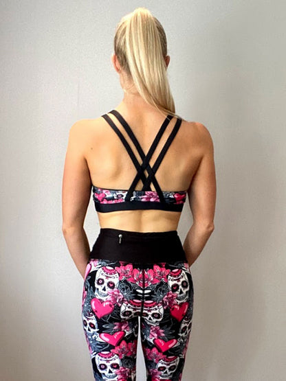 Hearts and skulls fitness bra top back shot