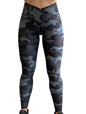 Black and grey night camo leggings front cut out