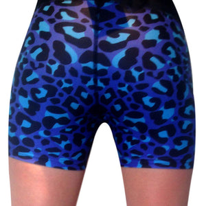 Blue animal print fitness shorts - back view